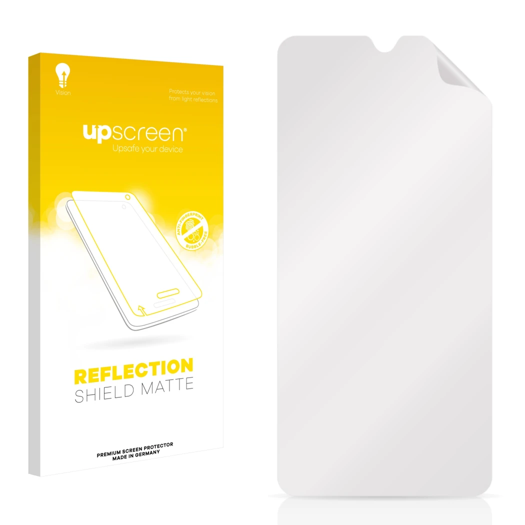 Front side of a product packaging with the brand logo upscreen. Next to it is the corresponding screen protector.