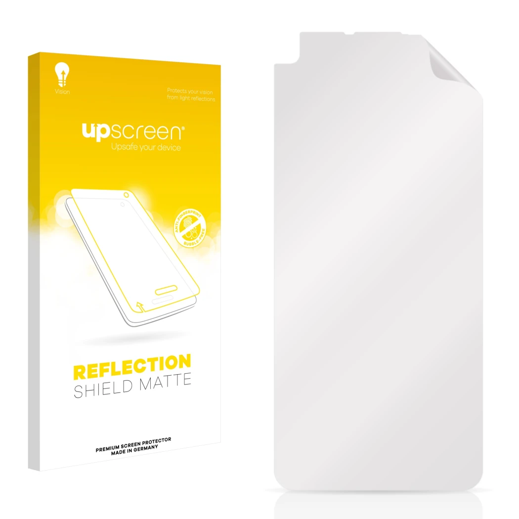 Front side of a product packaging with the brand logo upscreen. Next to it is the corresponding screen protector.