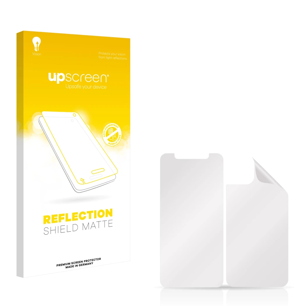 Front side of a product packaging with the brand logo upscreen. Next to it is the corresponding screen protector.