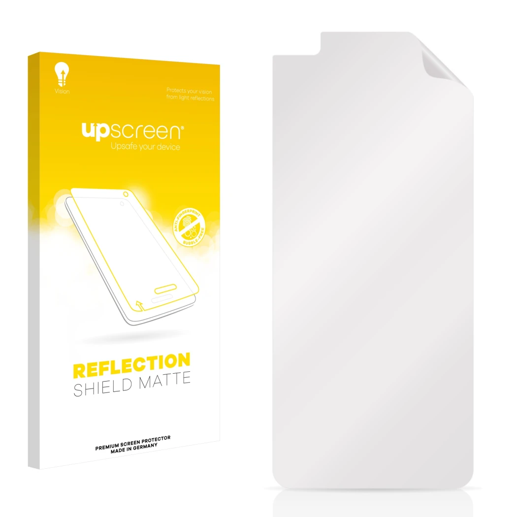 Front side of a product packaging with the brand logo upscreen. Next to it is the corresponding screen protector.
