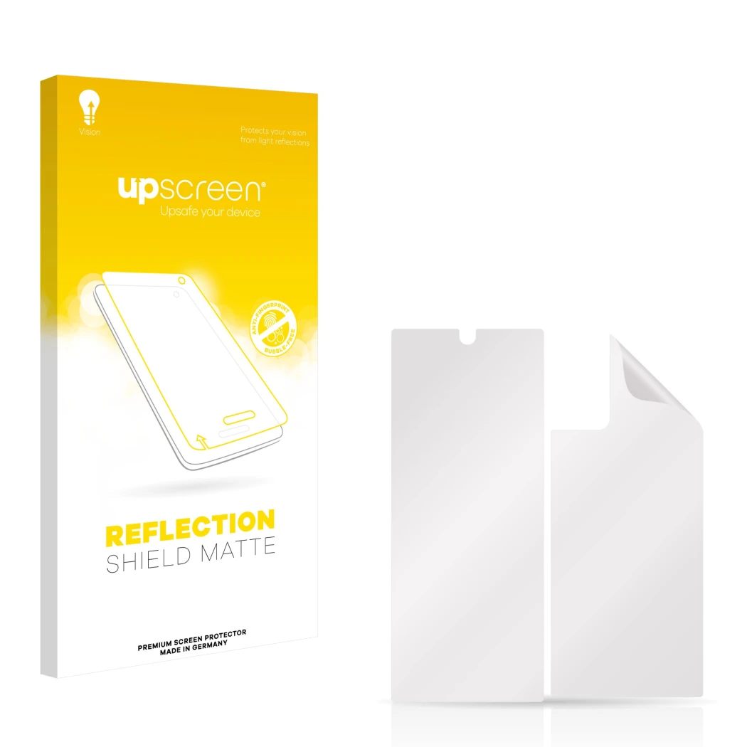 Front side of a product packaging with the brand logo upscreen. Next to it is the corresponding screen protector.