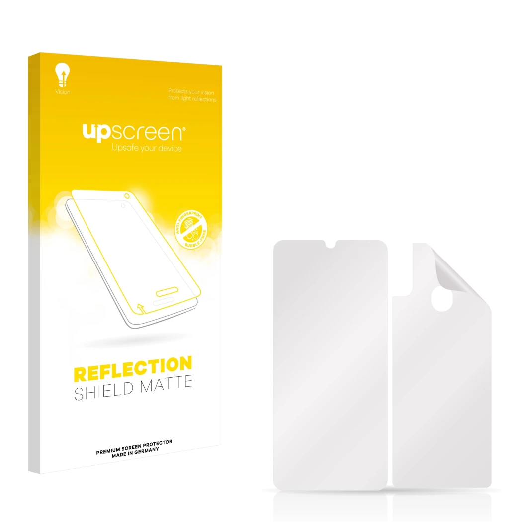 Front side of a product packaging with the brand logo upscreen. Next to it is the corresponding screen protector.