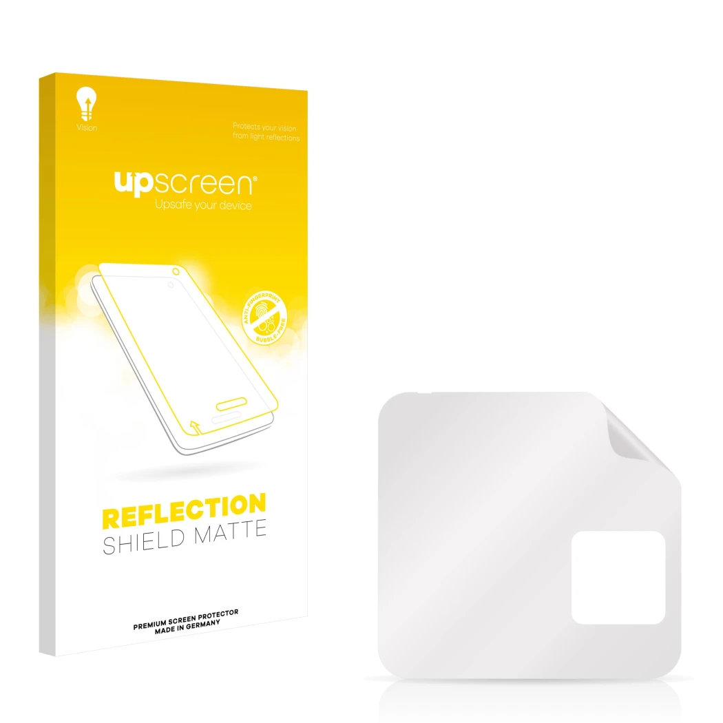Front side of a product packaging with the brand logo upscreen. Next to it is the corresponding screen protector.