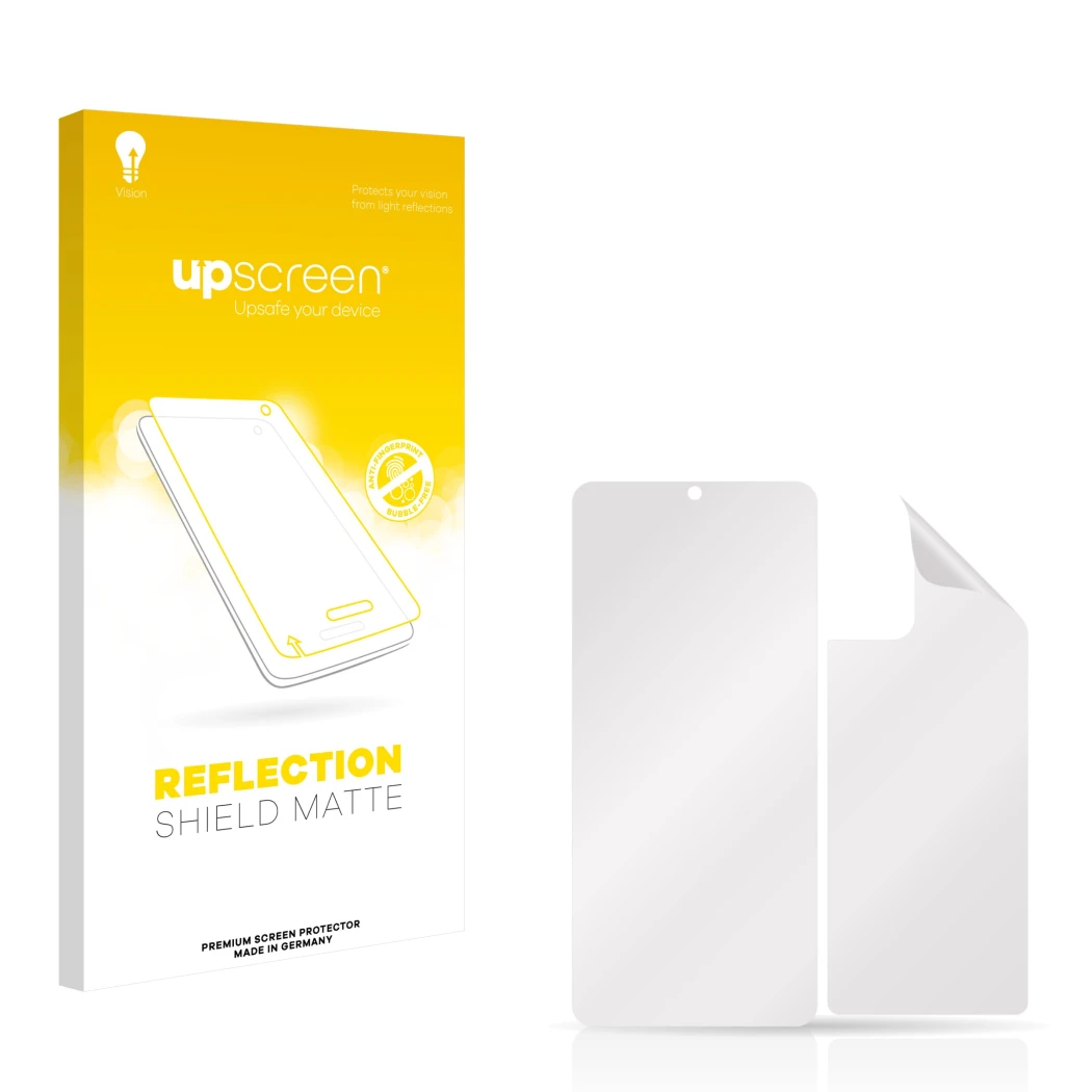 Front side of a product packaging with the brand logo upscreen. Next to it is the corresponding screen protector.