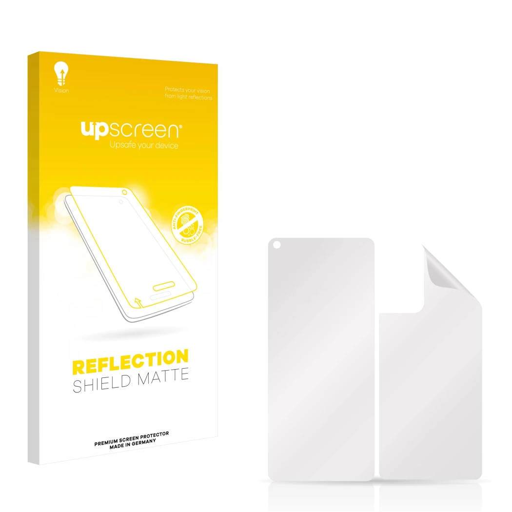Front side of a product packaging with the brand logo upscreen. Next to it is the corresponding screen protector.