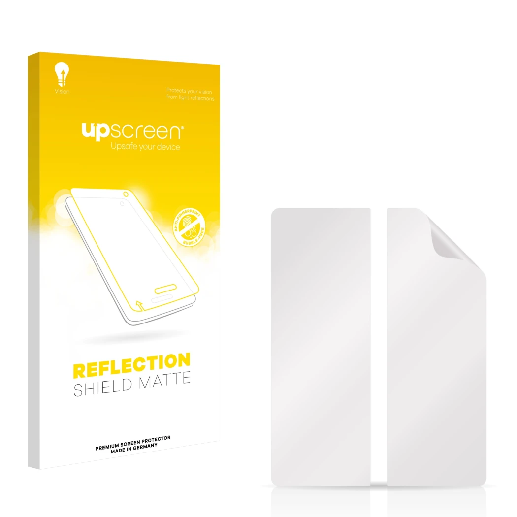 Front side of a product packaging with the brand logo upscreen. Next to it is the corresponding screen protector.