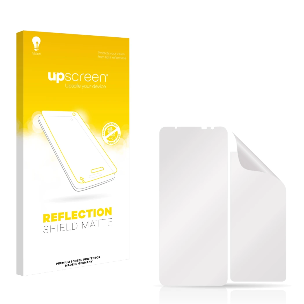Front side of a product packaging with the brand logo upscreen. Next to it is the corresponding screen protector.