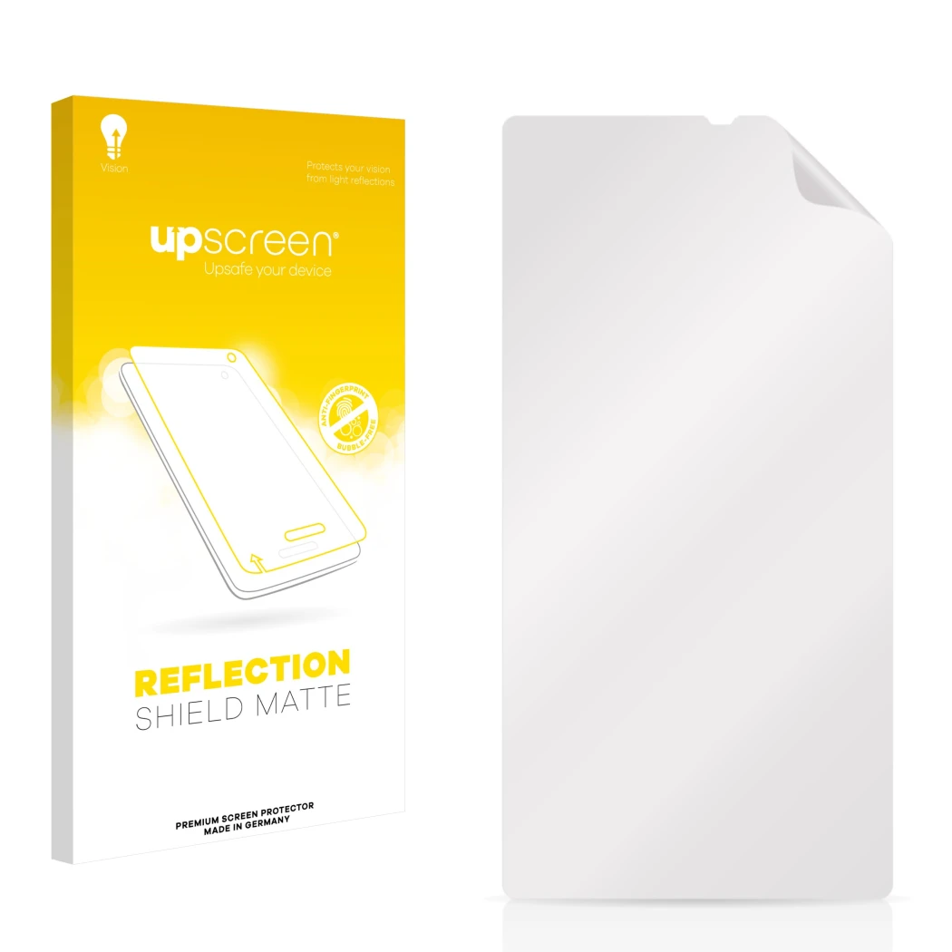 Front side of a product packaging with the brand logo upscreen. Next to it is the corresponding screen protector.