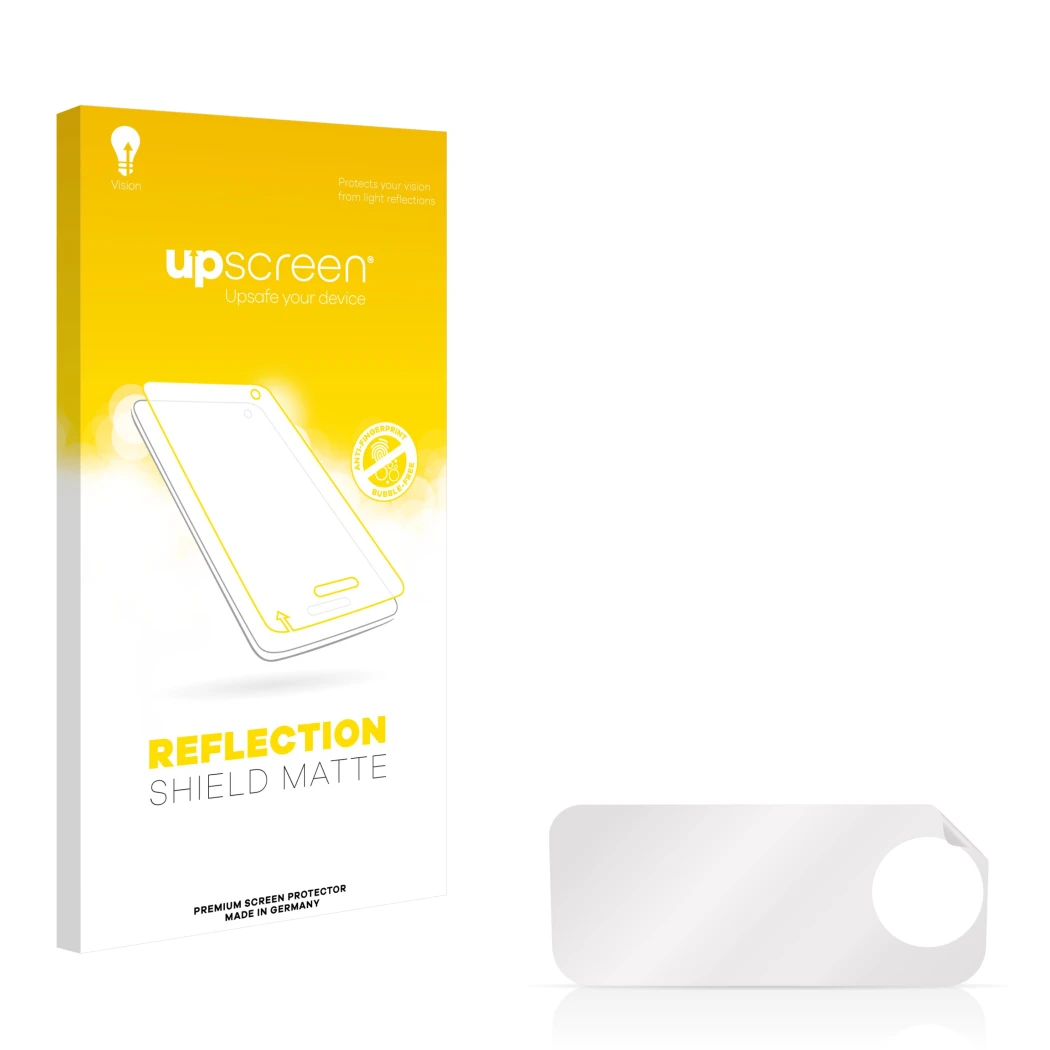 Front side of a product packaging with the brand logo upscreen. Next to it is the corresponding screen protector.