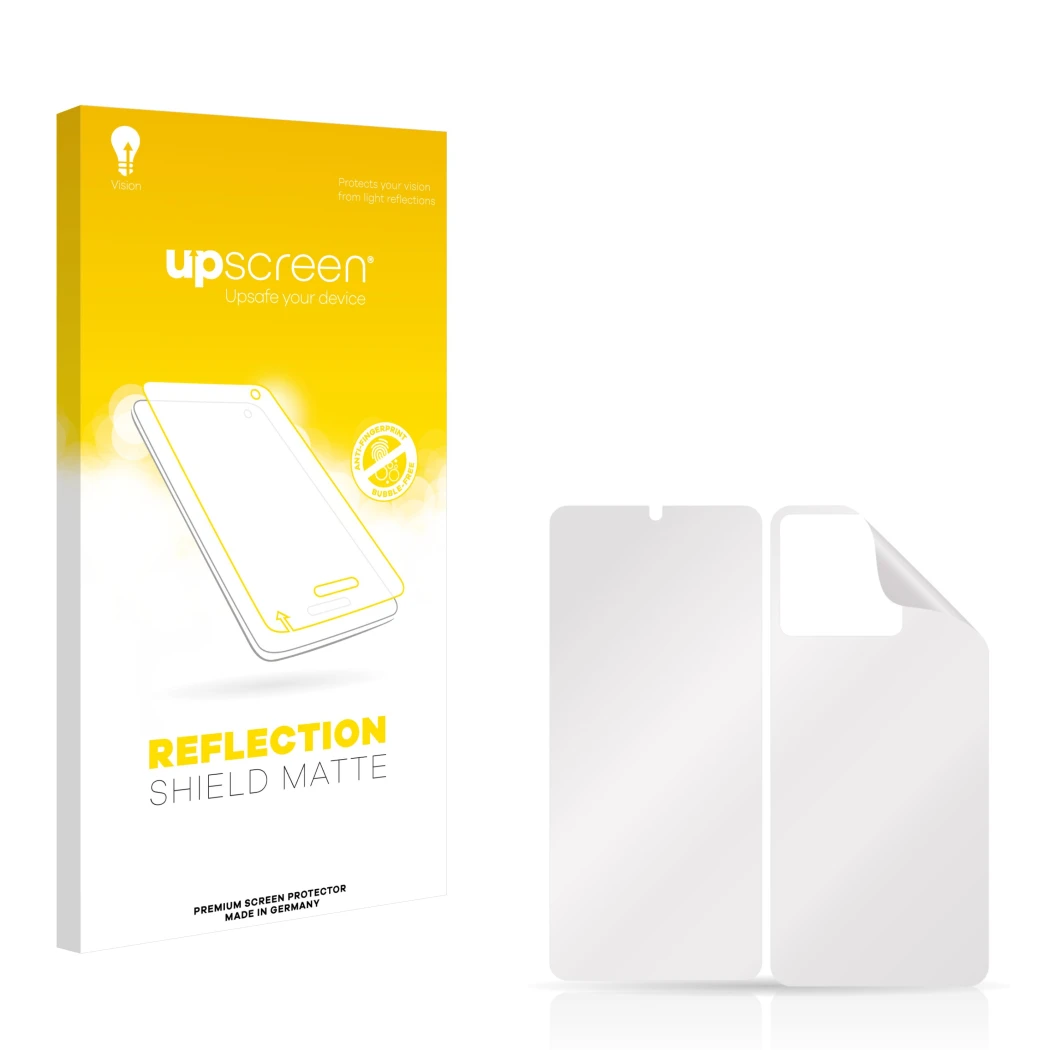Front side of a product packaging with the brand logo upscreen. Next to it is the corresponding screen protector.