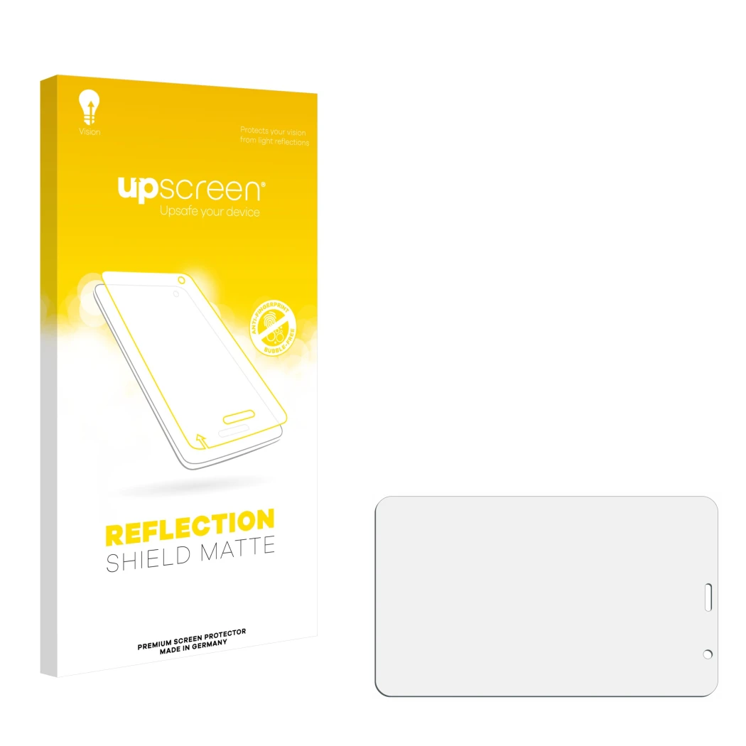 Front side of a product packaging with the brand logo upscreen. Next to it is the corresponding screen protector.