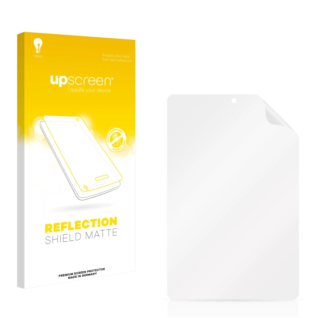 Front side of a product packaging with the brand logo upscreen. Next to it is the corresponding screen protector.
