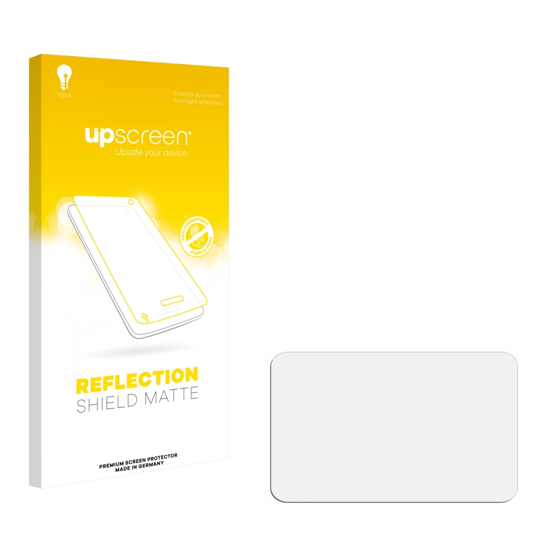 Front side of a product packaging with the brand logo upscreen. Next to it is the corresponding screen protector.