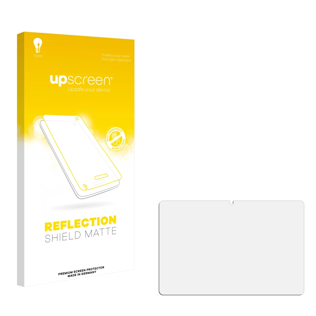 Front side of a product packaging with the brand logo upscreen. Next to it is the corresponding screen protector.