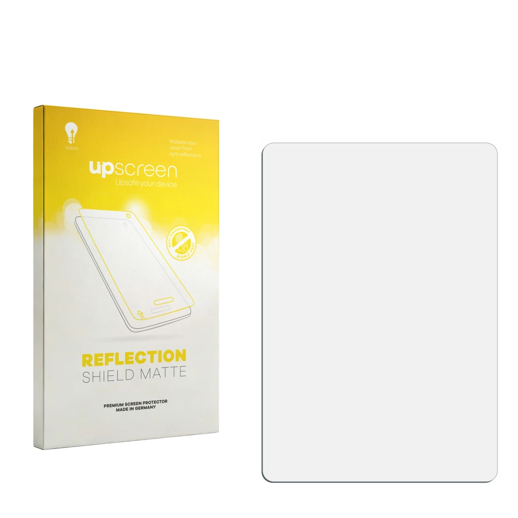 Front side of a product packaging with the brand logo upscreen. Next to it is the corresponding screen protector.