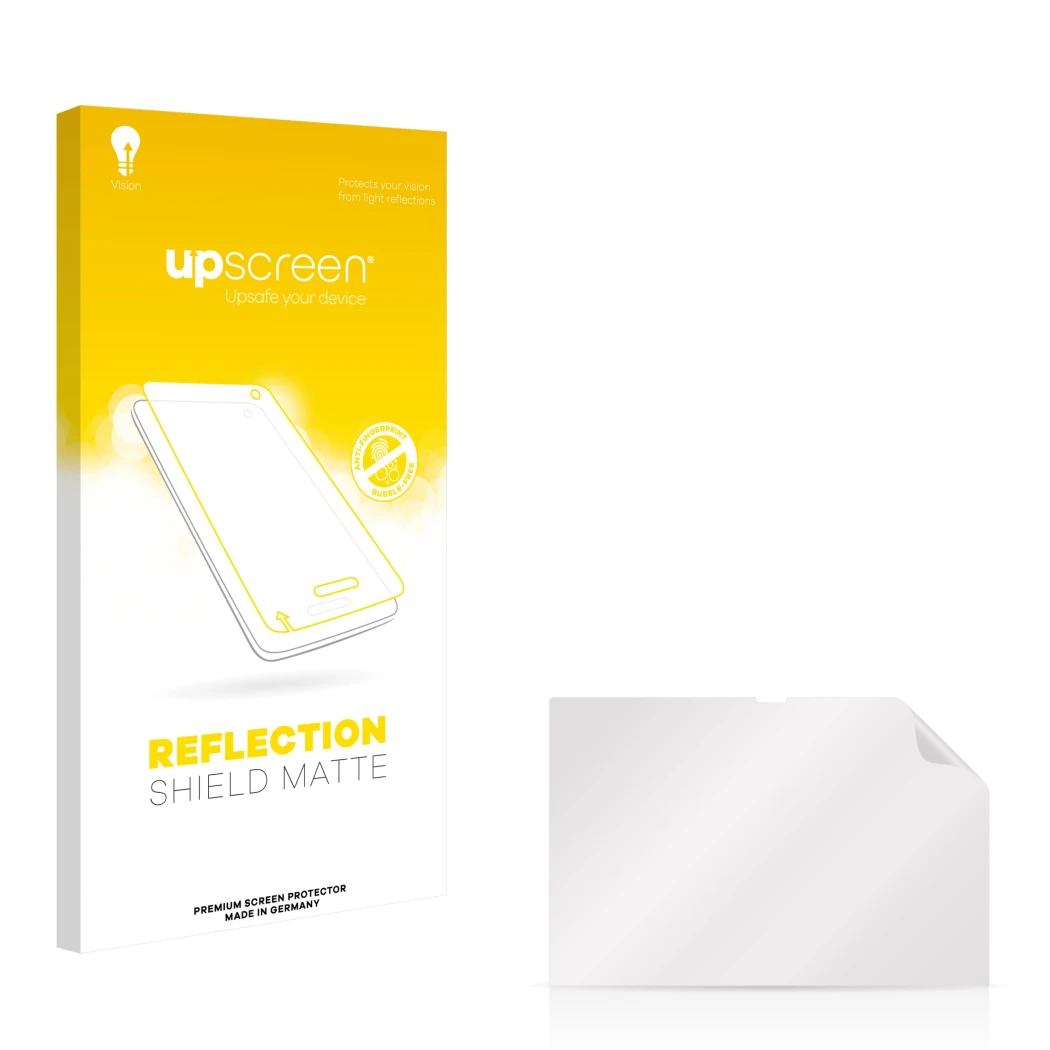 Front side of a product packaging with the brand logo upscreen. Next to it is the corresponding screen protector.