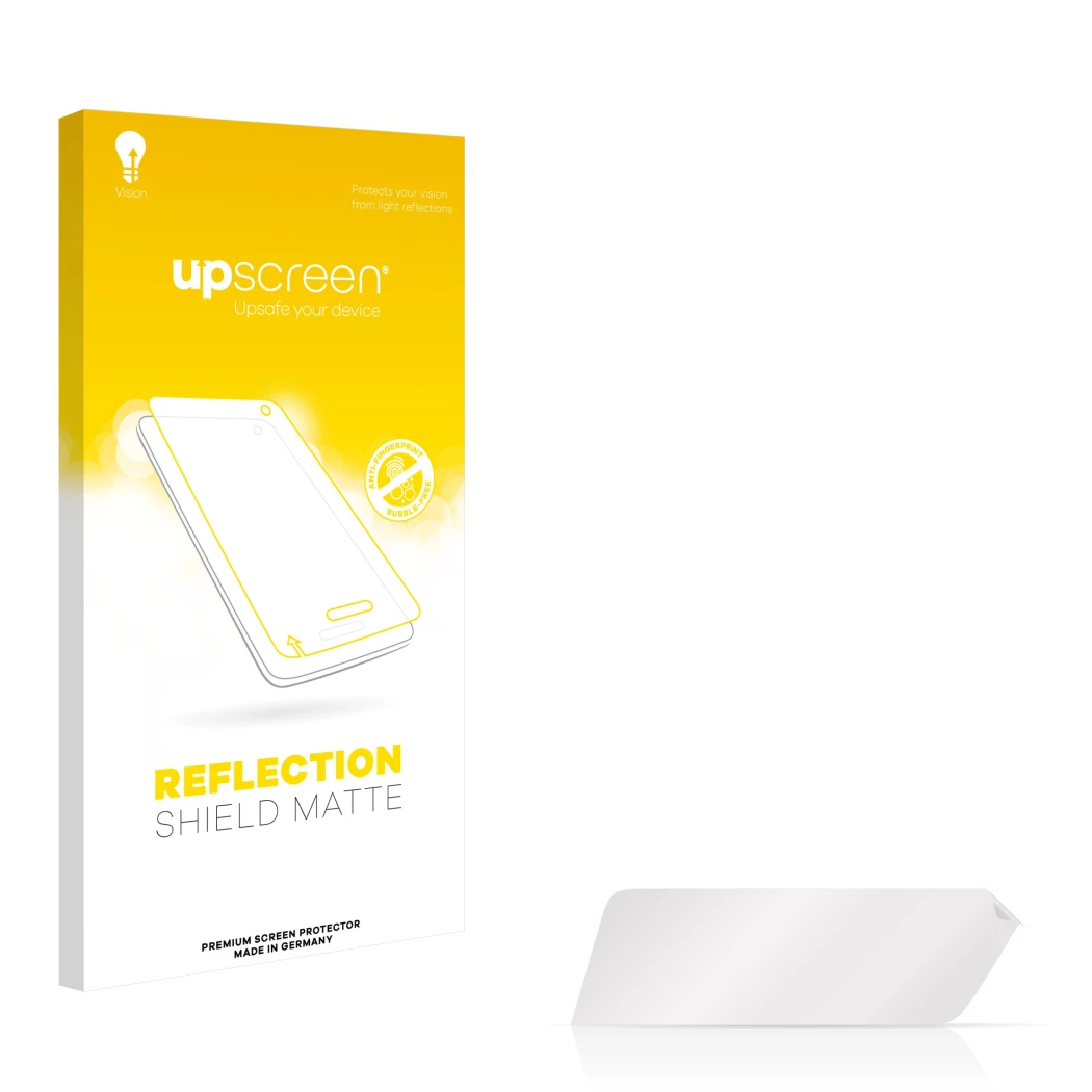 Front side of a product packaging with the brand logo upscreen. Next to it is the corresponding screen protector.