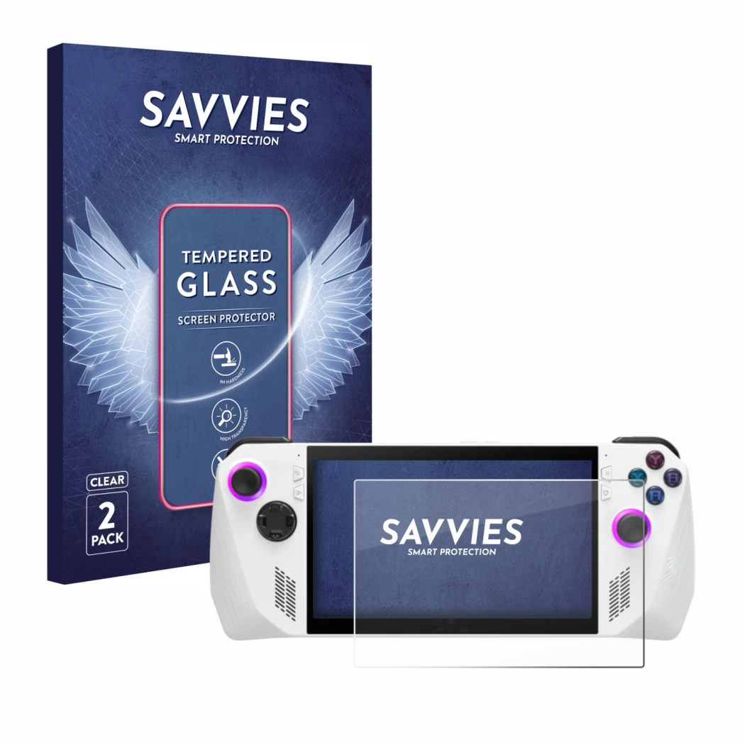 Front side of a product packaging with the brand logo Savvies. Next to it is the device ASUS ROG Ally (2023) RC71L shown with 