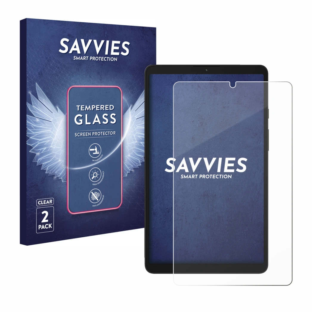 Front side of a product packaging with the brand logo Savvies. Next to it is the device Samsung Galaxy Tab A9 WiFi shown with 