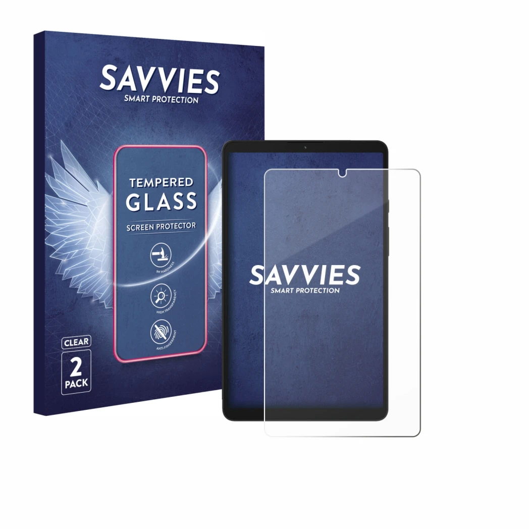 Front side of a product packaging with the brand logo Savvies. Next to it is the device Samsung Galaxy Tab A9 LTE shown with t