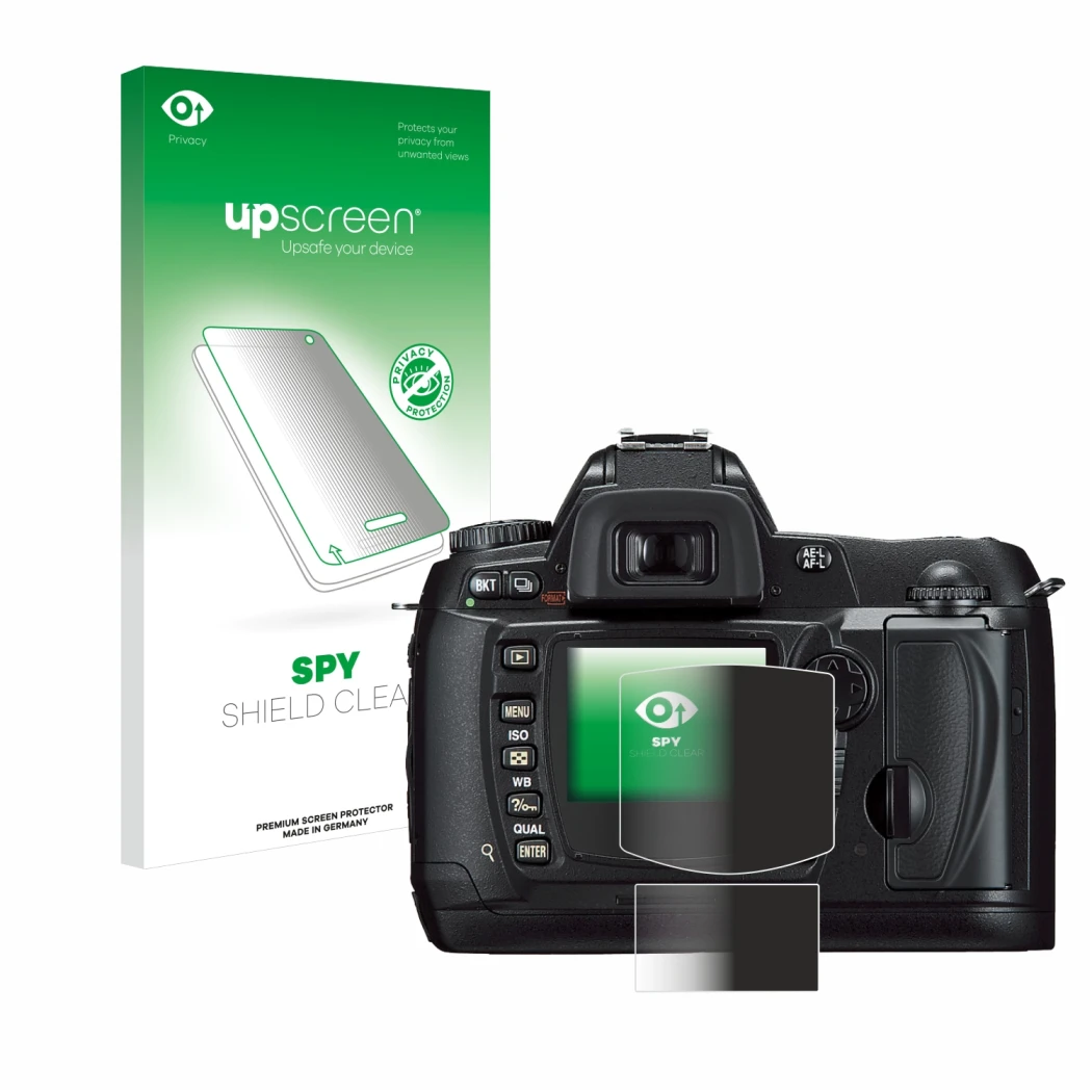 Front side of a product packaging with the brand logo upscreen. Next to it is the device Nikon D70 shown with the correspondin