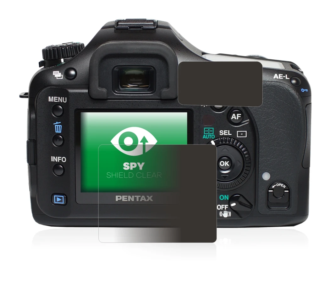 Image of the device Pentax K10D with a wide variety of screen protectors.