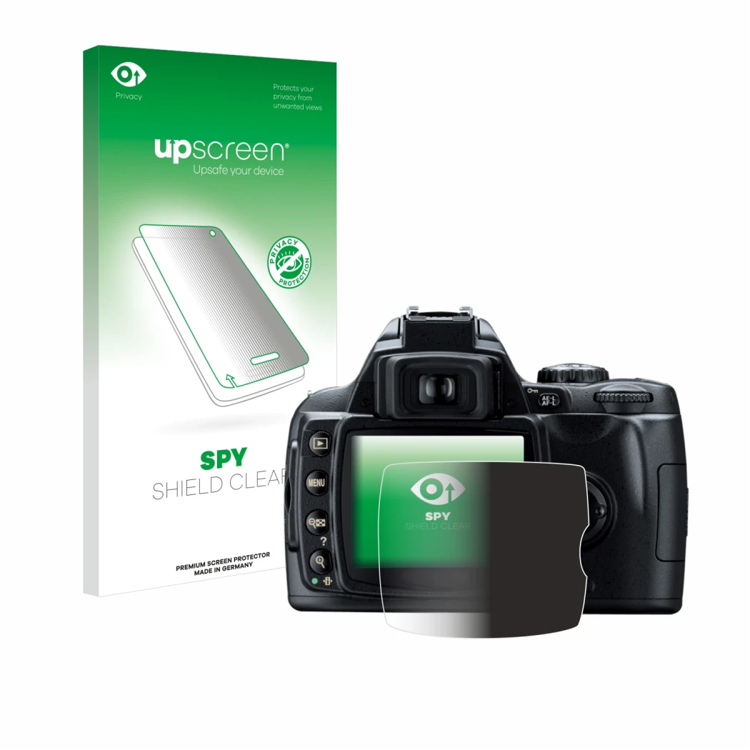 Front side of a product packaging with the brand logo upscreen. Next to it is the device Nikon D40 shown with the correspondin