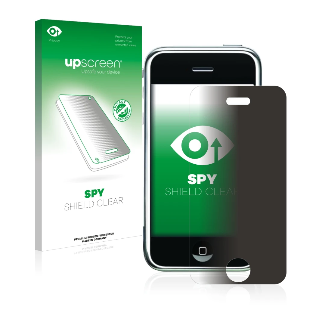 Front side of a product packaging with the brand logo upscreen. Next to it is the device Apple iPhone 2G shown with the corres
