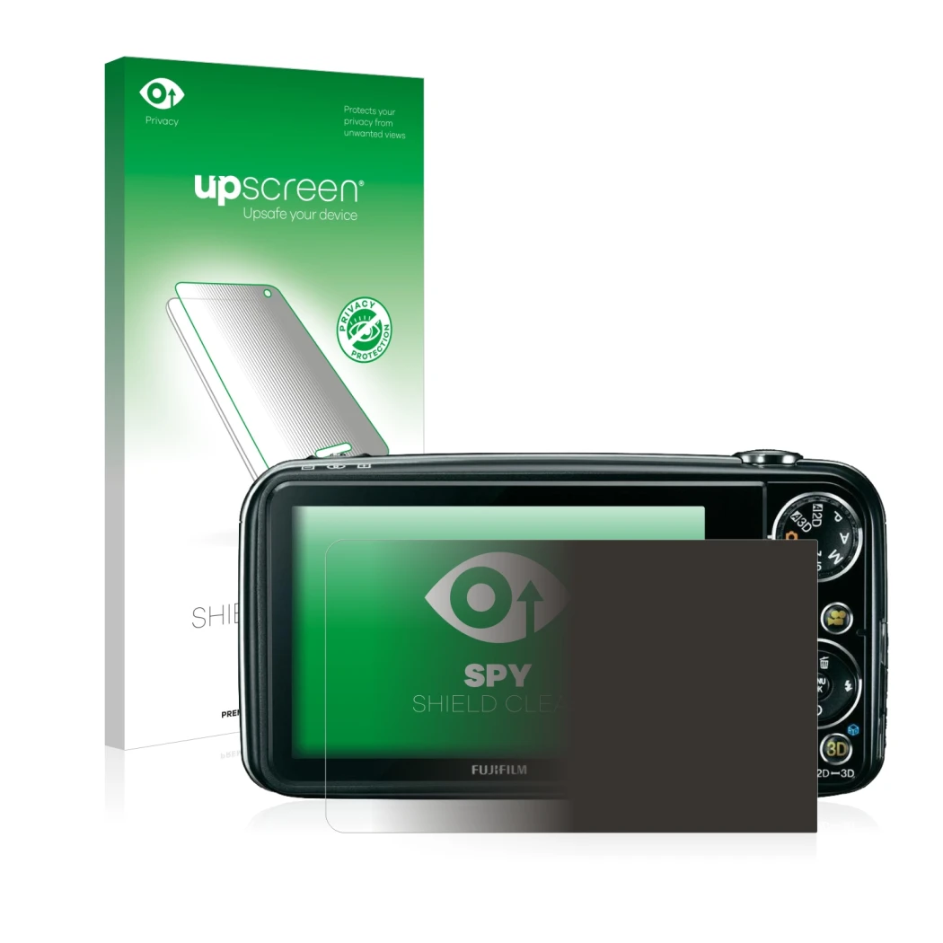 Front side of a product packaging with the brand logo upscreen. Next to it is the device Fujifilm FinePix Real 3D W3 shown wit