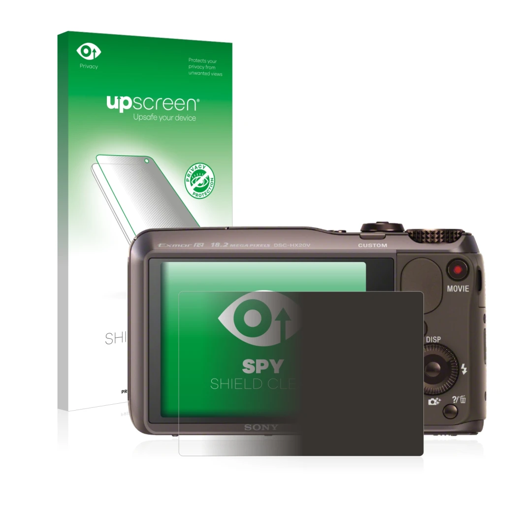 Front side of a product packaging with the brand logo upscreen. Next to it is the device Sony Cyber-Shot DSC-HX20V shown with 