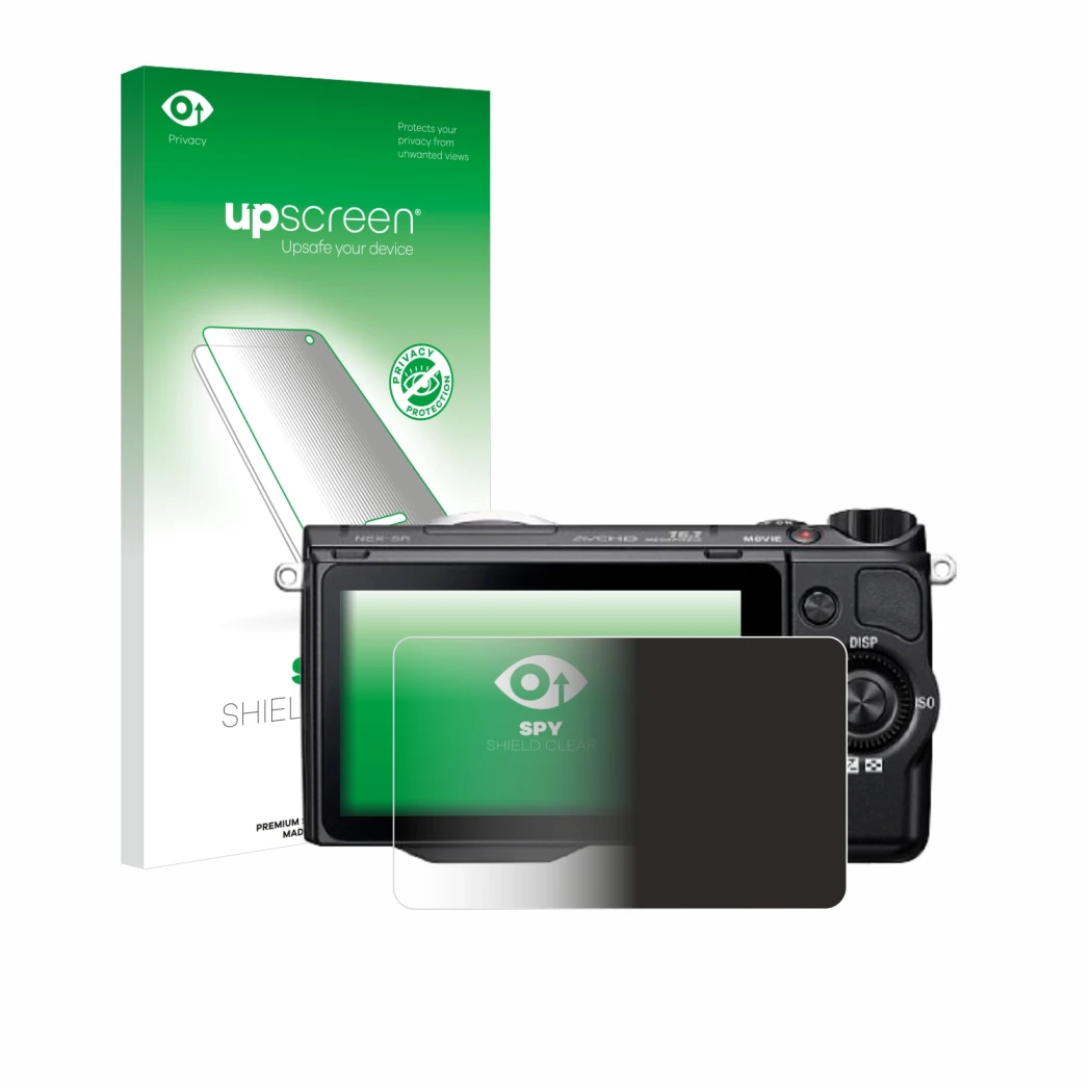 Front side of a product packaging with the brand logo upscreen. Next to it is the device Sony Alpha NEX-5R shown with the corr