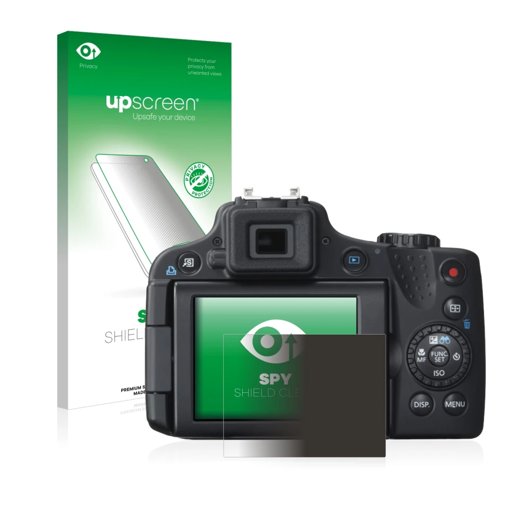Front side of a product packaging with the brand logo upscreen. Next to it is the device Canon PowerShot SX50 HS shown with th