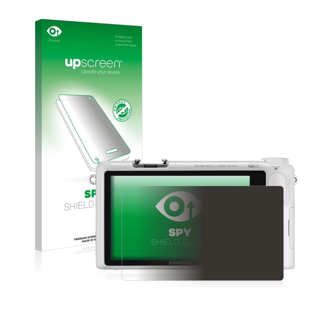 Front side of a product packaging with the brand logo upscreen. Next to it is the device Samsung NX2000 shown with the corresp