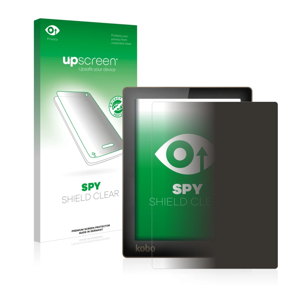 Front side of a product packaging with the brand logo upscreen. Next to it is the device Kobo Aura shown with the correspondin