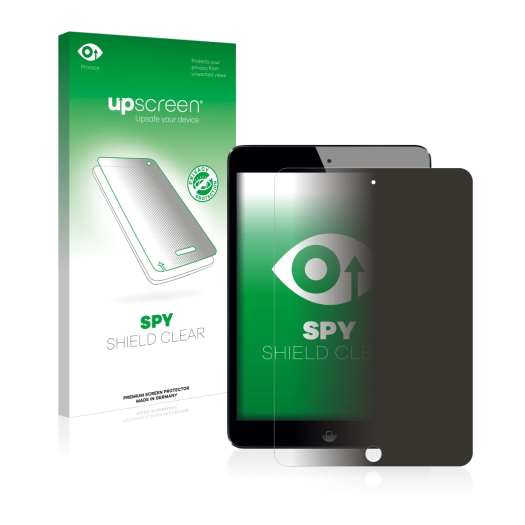 Front side of a product packaging with the brand logo upscreen. Next to it is the device Apple iPad Mini 2 2013 shown with the