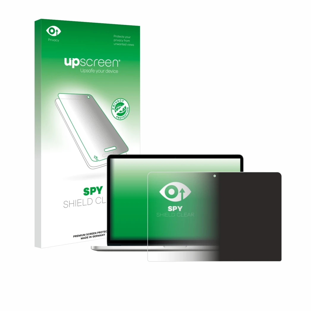 Front side of a product packaging with the brand logo upscreen. Next to it is the device Apple MacBook Pro Retina 13