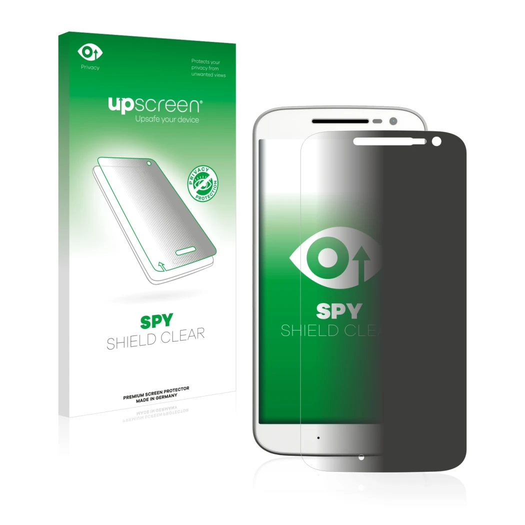 Front side of a product packaging with the brand logo upscreen. Next to it is the device Motorola Moto G4 shown with the corre