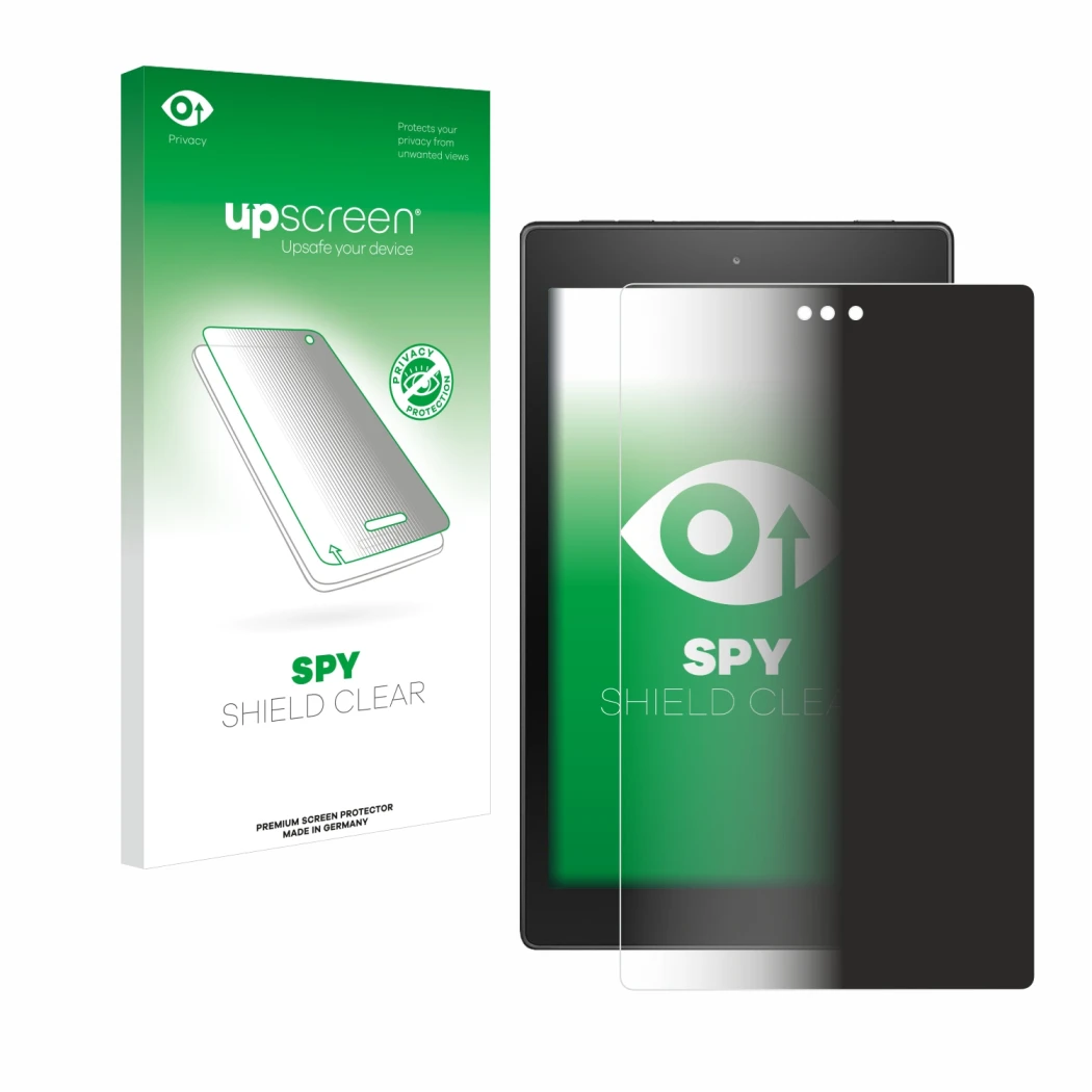 Front side of a product packaging with the brand logo upscreen. Next to it is the device Amazon Fire HD 8 2017 shown with the