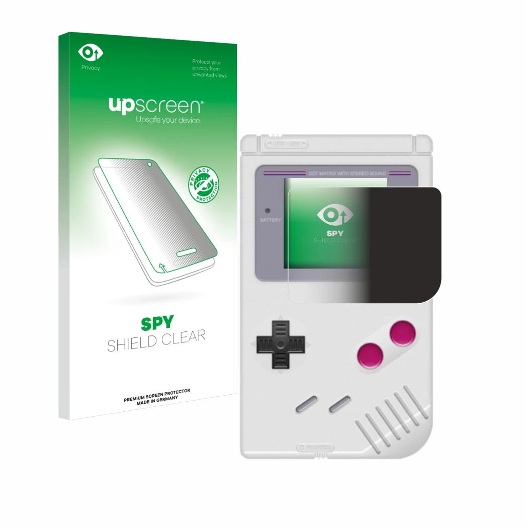 Front side of a product packaging with the brand logo upscreen. Next to it is the device Nintendo Gameboy (1989) shown with th