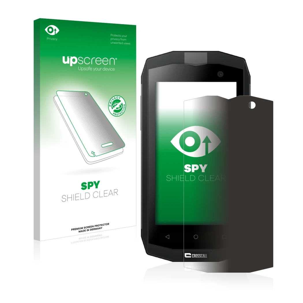 Front side of a product packaging with the brand logo upscreen. Next to it is the device Crosscall Trekker M1 shown with the c