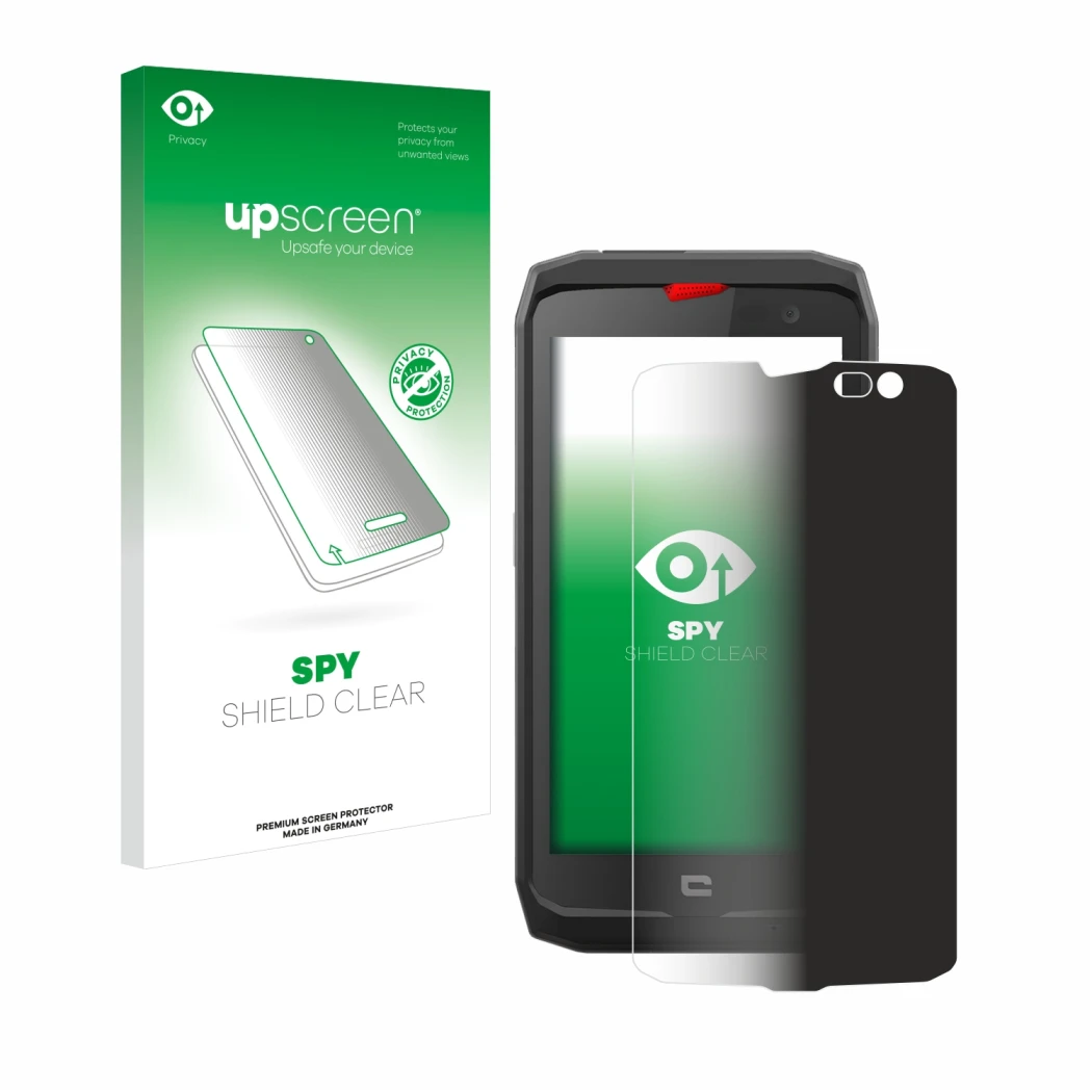 Front side of a product packaging with the brand logo upscreen. Next to it is the device Crosscall Action X3 shown with the co