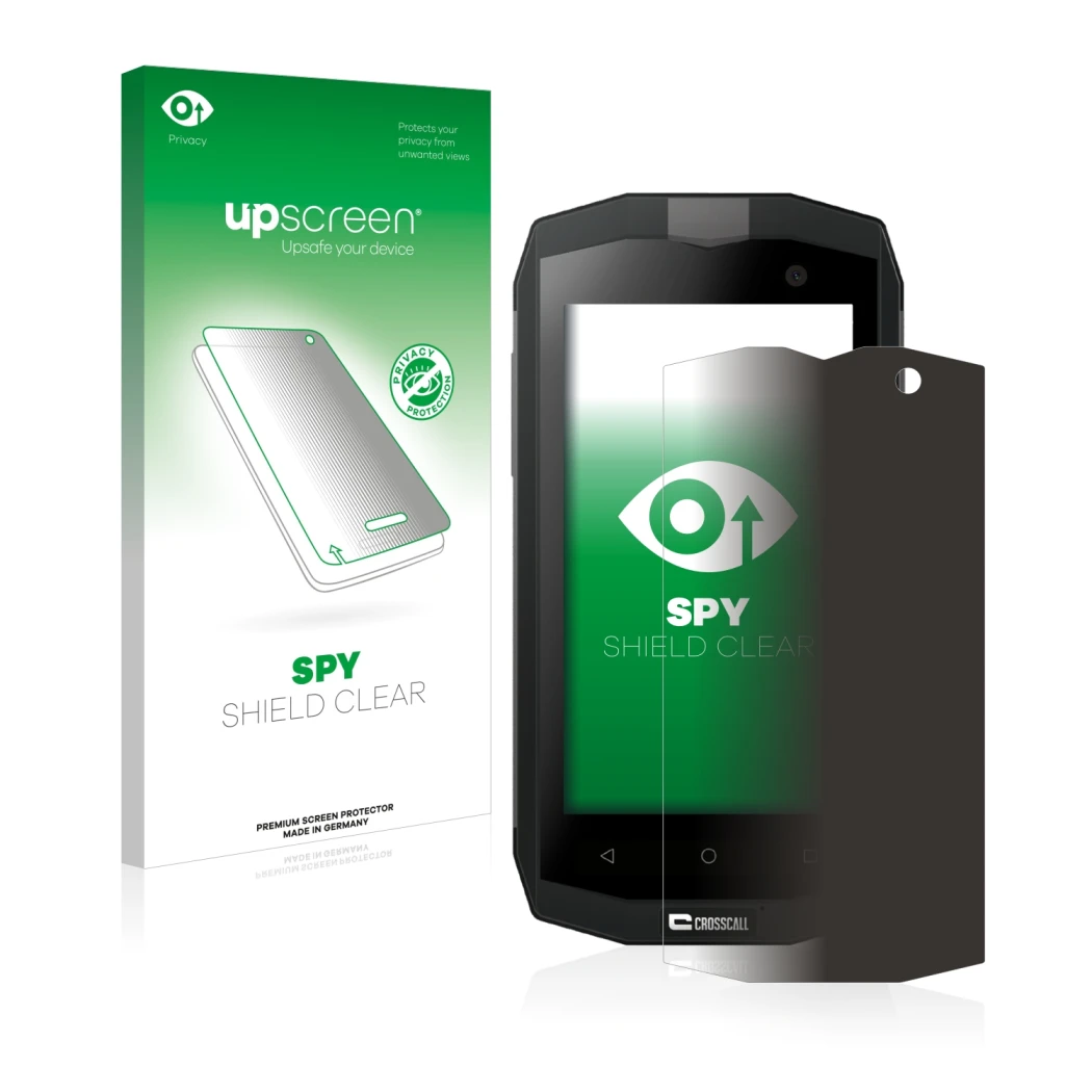 Front side of a product packaging with the brand logo upscreen. Next to it is the device Crosscall Trekker M1 Core shown with 