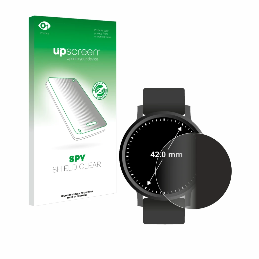 Front side of a product packaging with the brand logo upscreen. Next to it is the device Circular Displays (ø: 42 mm) shown wi