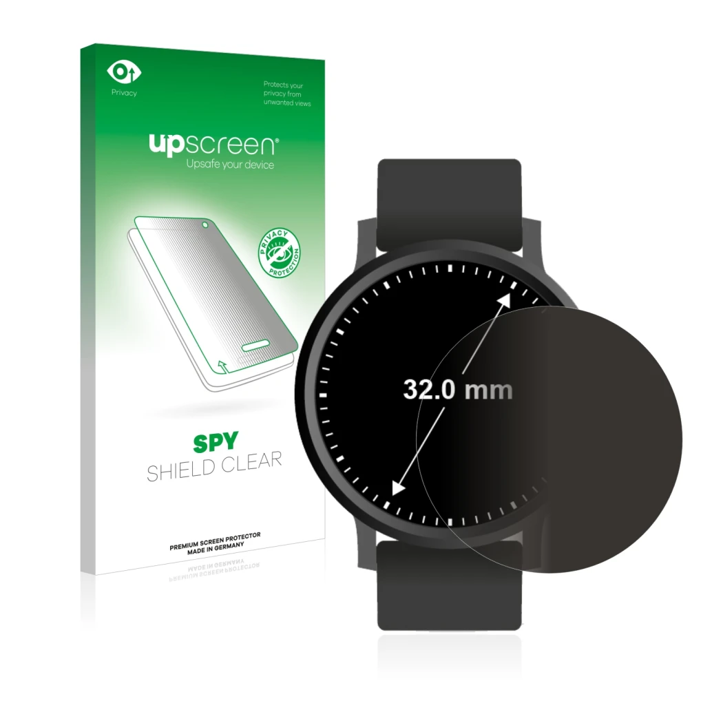 Front side of a product packaging with the brand logo upscreen. Next to it is the device Circular Displays (ø: 32 mm) shown wi