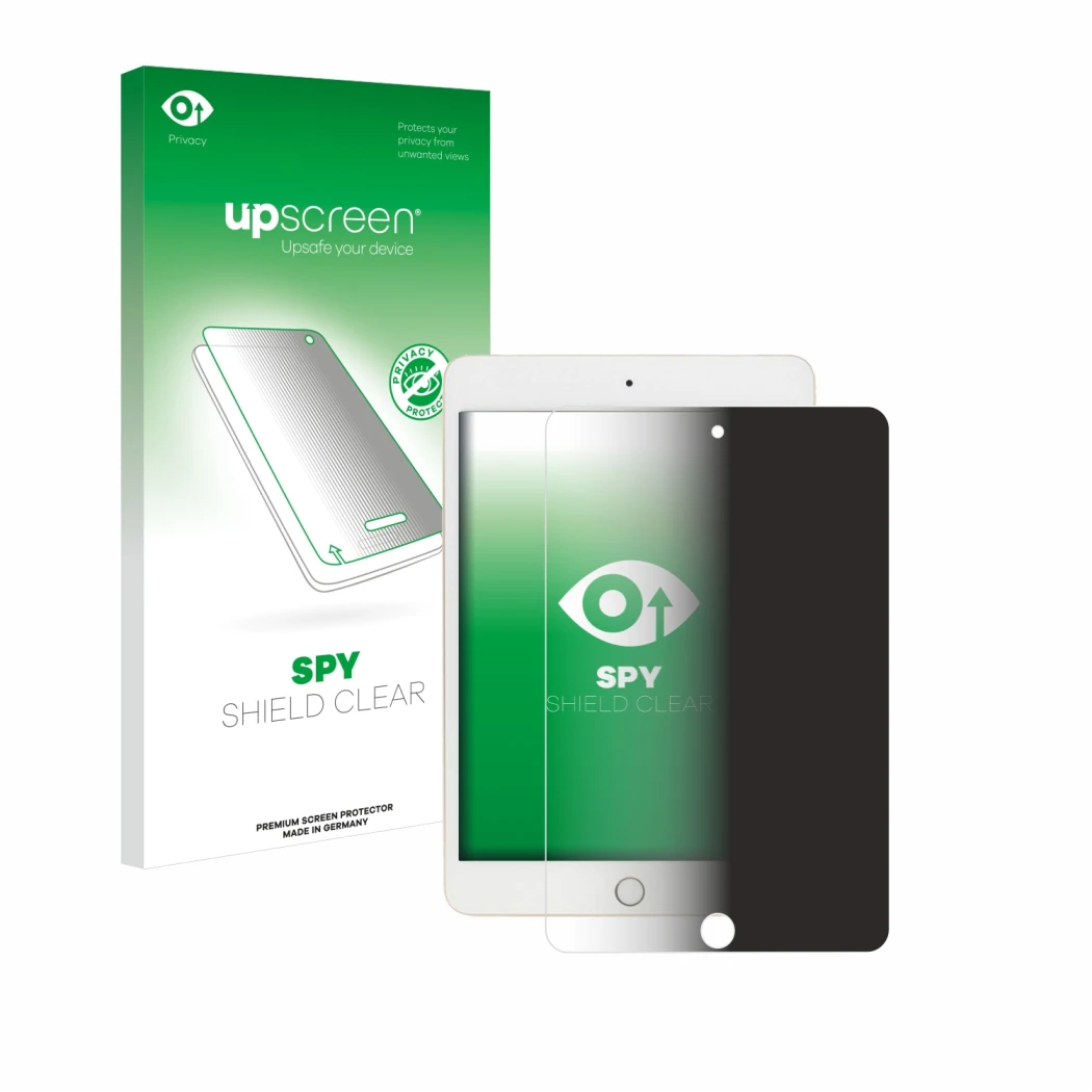 Front side of a product packaging with the brand logo upscreen. Next to it is the device Apple iPad Mini 5 2019 (5th. Gen.) sh