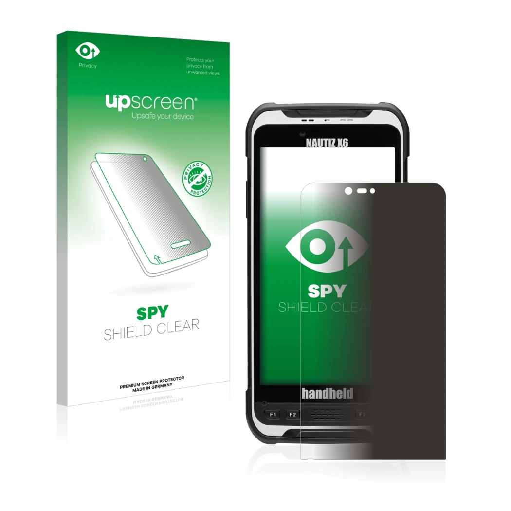 Front side of a product packaging with the brand logo upscreen. Next to it is the device Handheld Nautiz X6 shown with the cor