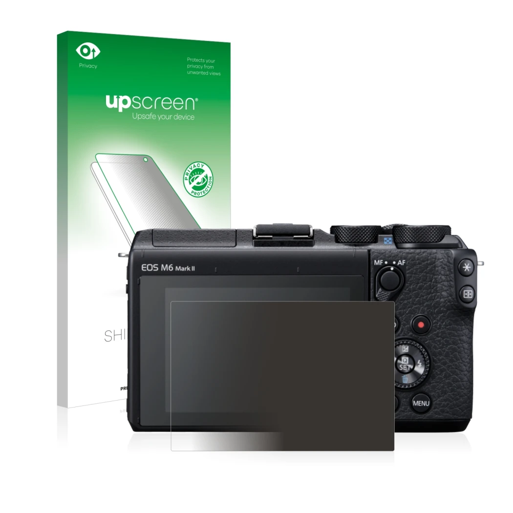 Front side of a product packaging with the brand logo upscreen. Next to it is the device Canon EOS M6 Mark II shown with the c