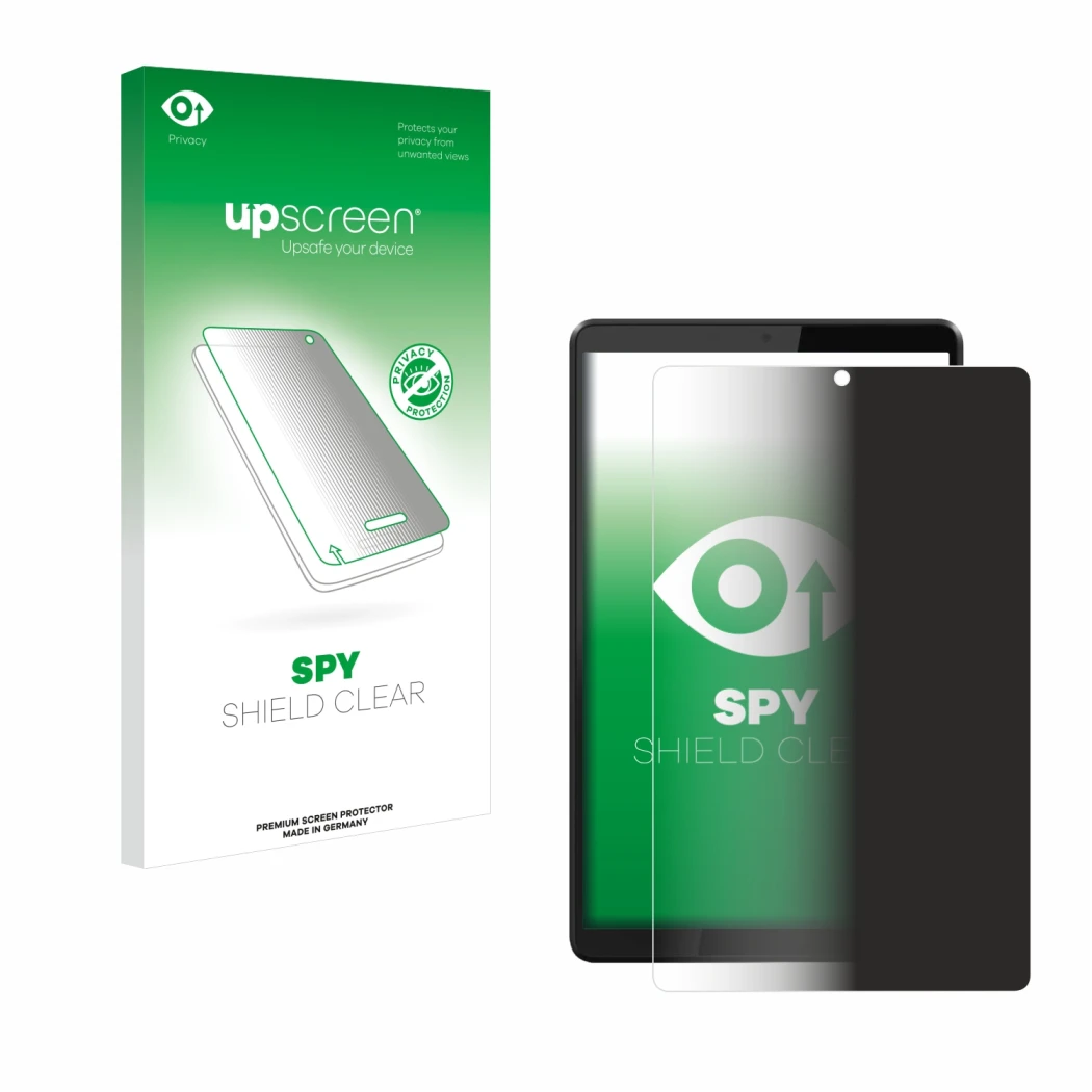 Front side of a product packaging with the brand logo upscreen. Next to it is the device Lenovo Tab M8 shown with the correspo