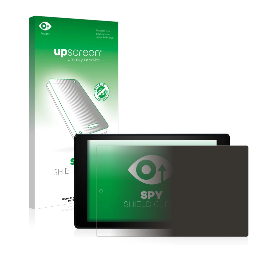 Front side of a product packaging with the brand logo upscreen. Next to it is the device Amazon Fire HD 10 2019 (9th Gen.) sho