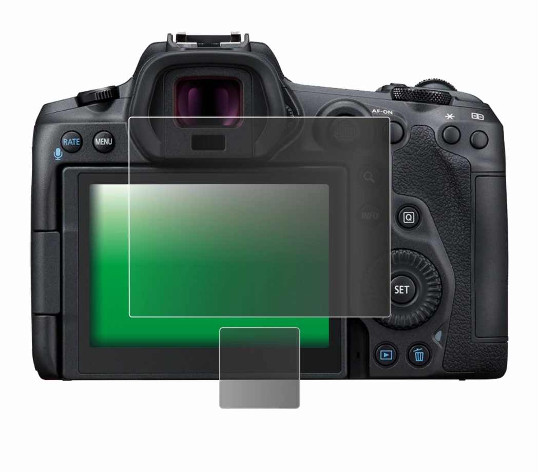 Image of the device Canon EOS R5 with a wide variety of screen protectors.